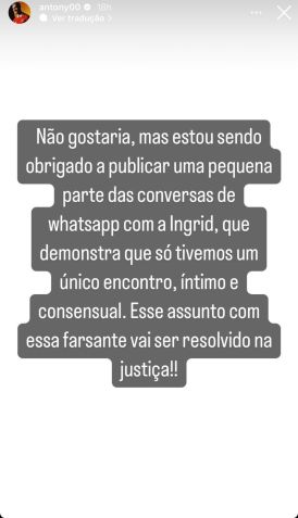 Antony divulgou imagens de supostas conversas com Ingrid / Reprodução/Instagram