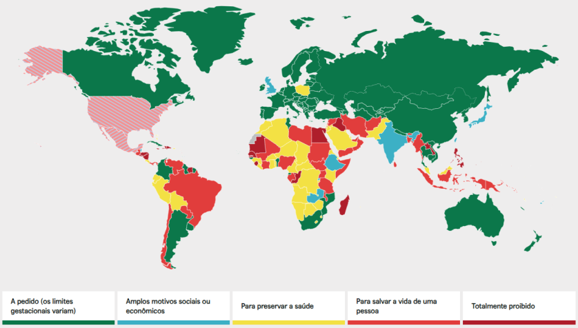 ONG aponta realidade global para o aborto em gráfico com cores que indicam de liberação mediante solicitação até proibição total / Centro para Direitos Reprodutivos/Reprodução