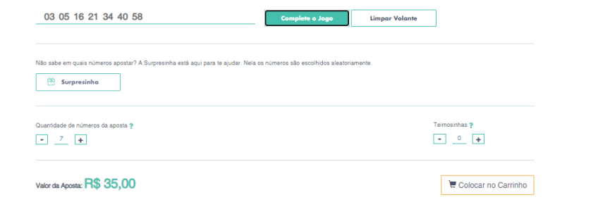 Exemplo de aposta da Mega Sena / Imagem: Caixa Econômica Federal (Reprodução/Site)