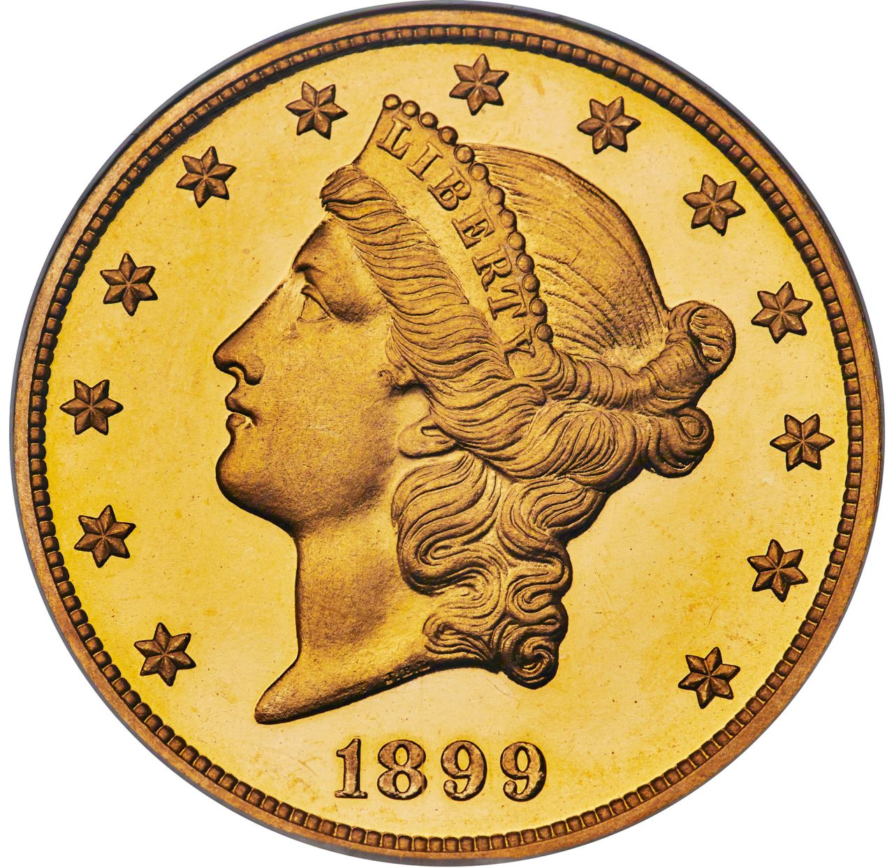 Uma rara moeda de ouro de US$ 20 com águia dupla de 1899, com um retrato do chefe da Liberdade, liderou o leilão de moedas / Reprodução/Leilões de Património