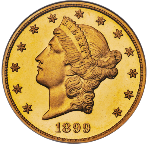 Uma rara moeda de ouro de US$ 20 com águia dupla de 1899, com um retrato do chefe da Liberdade, liderou o leilão de moedas / Reprodução/Leilões de Património