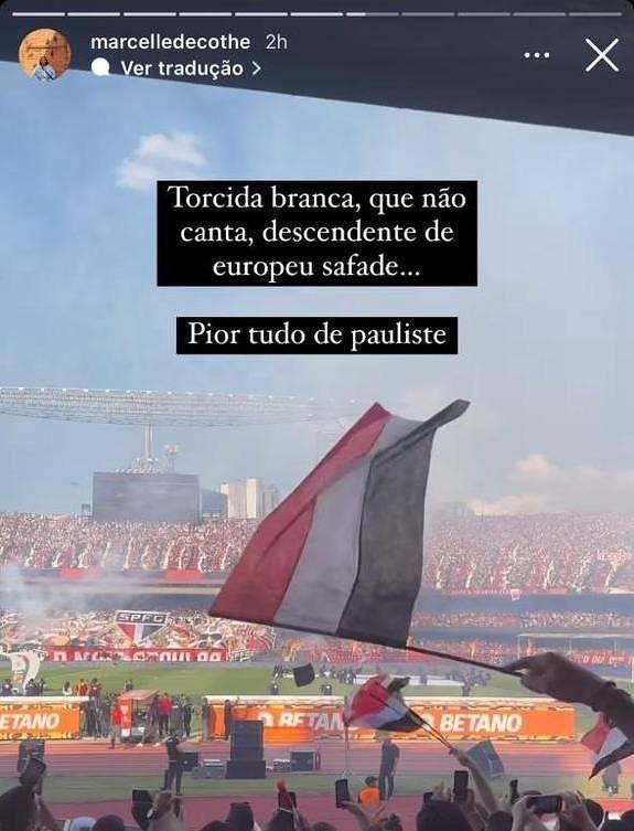 Assessora de Anielle Franco fez postagem criticando a torcida do São Paulo presente no Morumbi / Reprodução/Instagram