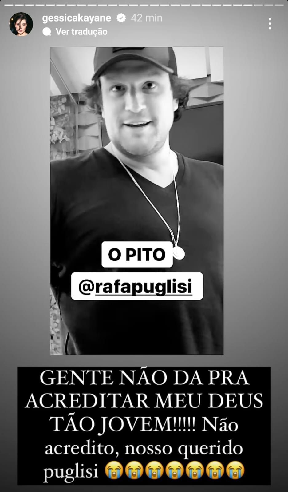 Gkay publicou em sua rede social sobre a morte de Rafael Puglisi / Reprodução / Instagram