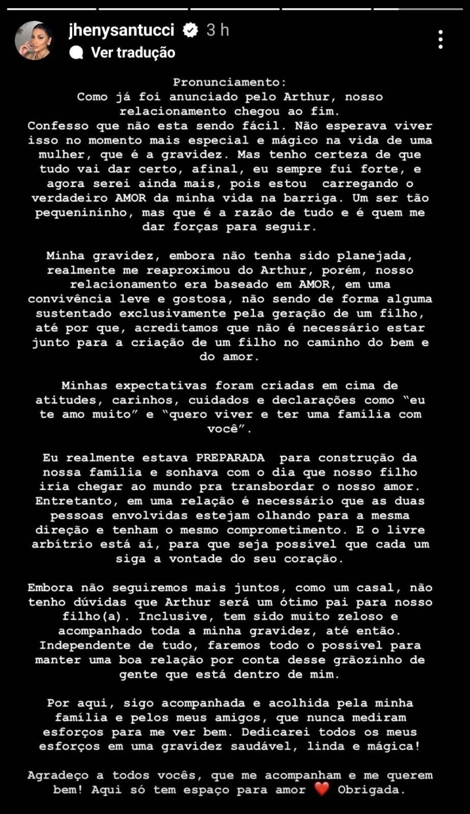Influenciadora se pronuncia após ator Arthur Aguiar, anunciar término do casal nas redes sociais / Reprodução / Instagram