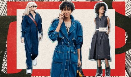 Look total jeans invade alta moda com conjuntos de alfaiataria e denim escuro