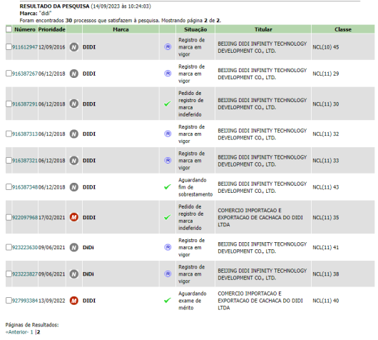 Registros da marca "Didi" no Inpi / Reprodução/Inpi