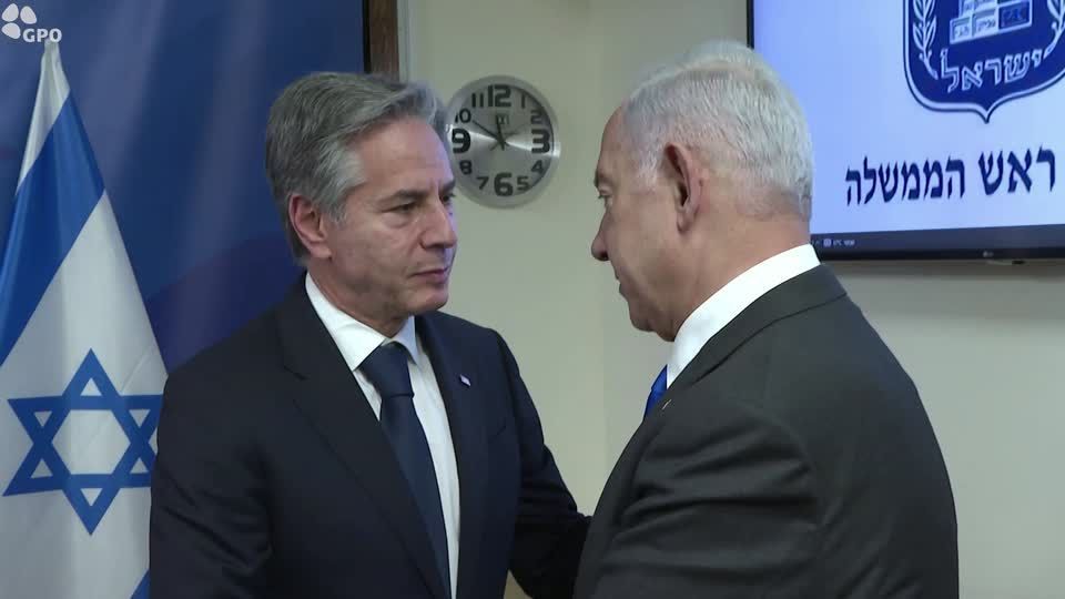 Secretário de Estado dos EUA, Antony Blinken, e primeiro-ministro de Israel, Benjamin Netanyahu.