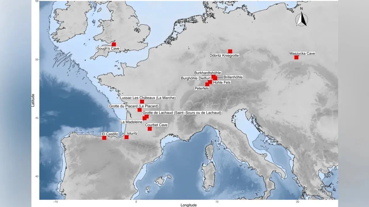 Mapa dos sítios magdalenianos onde o canibalismo foi identificado no noroeste da Europa / Trustees of the Natural History Museum