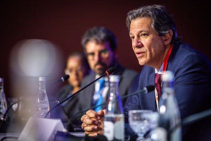O ministro da Fazenda, Fernando Haddad, durante evento em Marrakech, no Marrocos