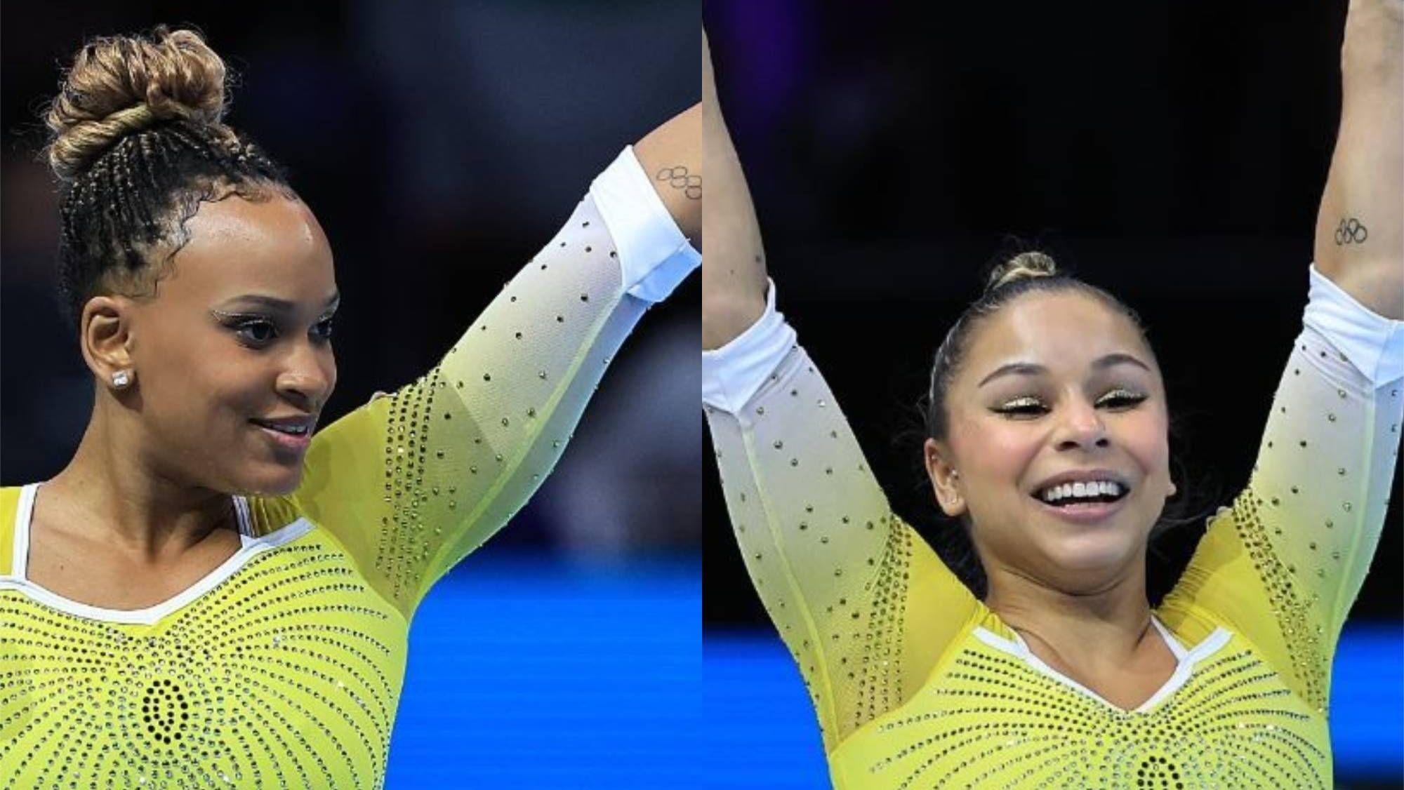 Rebeca Andrade e Flávia Saraiva na disputa do solo no Mundial de ginástica artística
