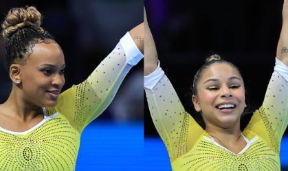 Rebeca Andrade e Flávia Saraiva na disputa do solo no Mundial de ginástica artística