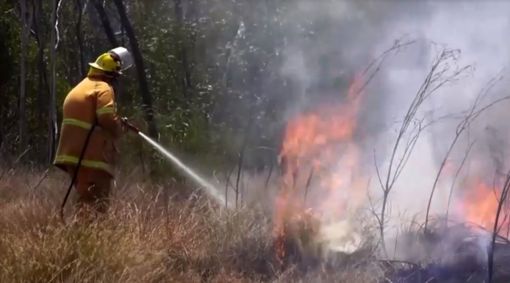 Bombeiro apaga chamas durante incêndio florestal em Queensland, na Austrália