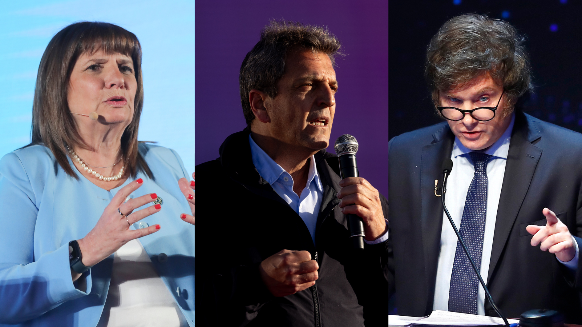 Patricia Bullrich, Sergio Massa e Javier Milei são os principais candidatos presidenciais da Argentina no próximo domingo, 22