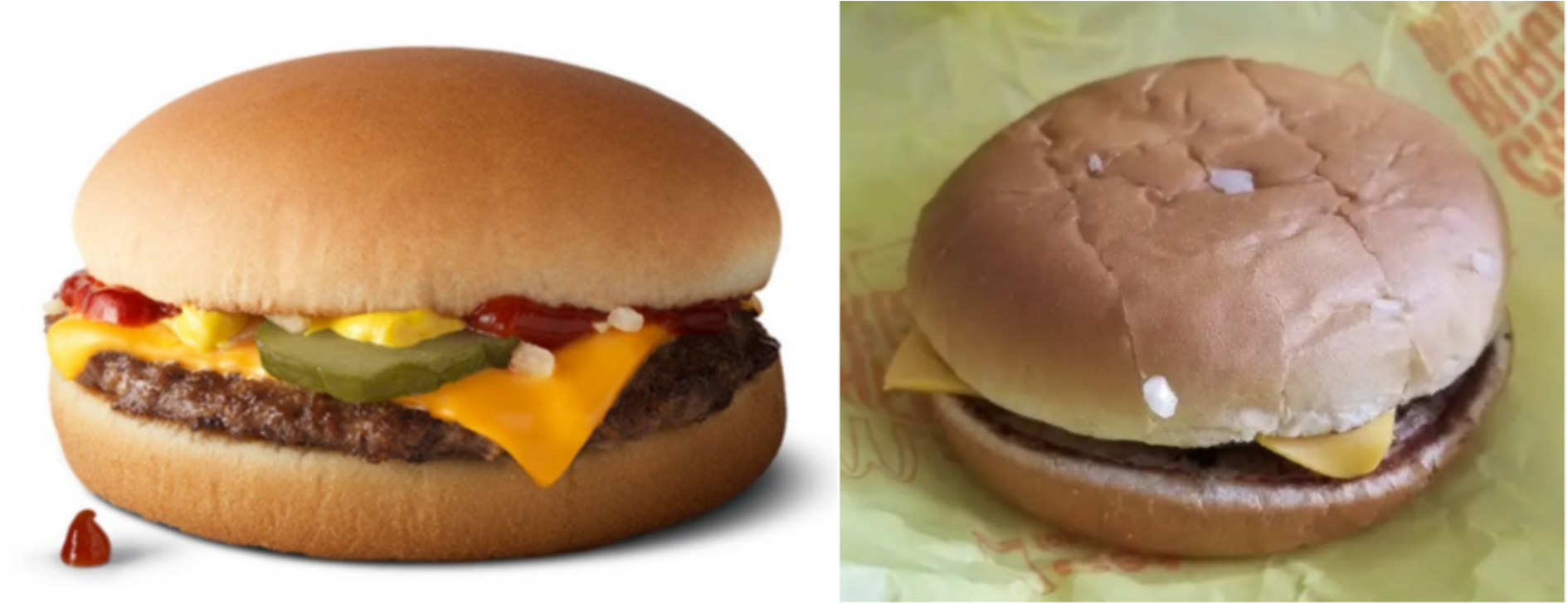 Ao apresentar o caso do “Cheeseburger” do McDonald’s, o processo menciona que o sanduíche apresentado na foto do cardápio apresenta um hambúrguer grande o suficiente para que a carne chegue até a borda do pão / Reprodução