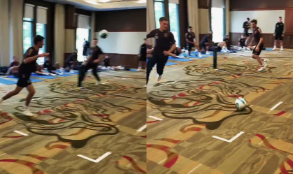 Não existe lugar ruim: jogadores da Alemanha treinam até em tapete de hotel