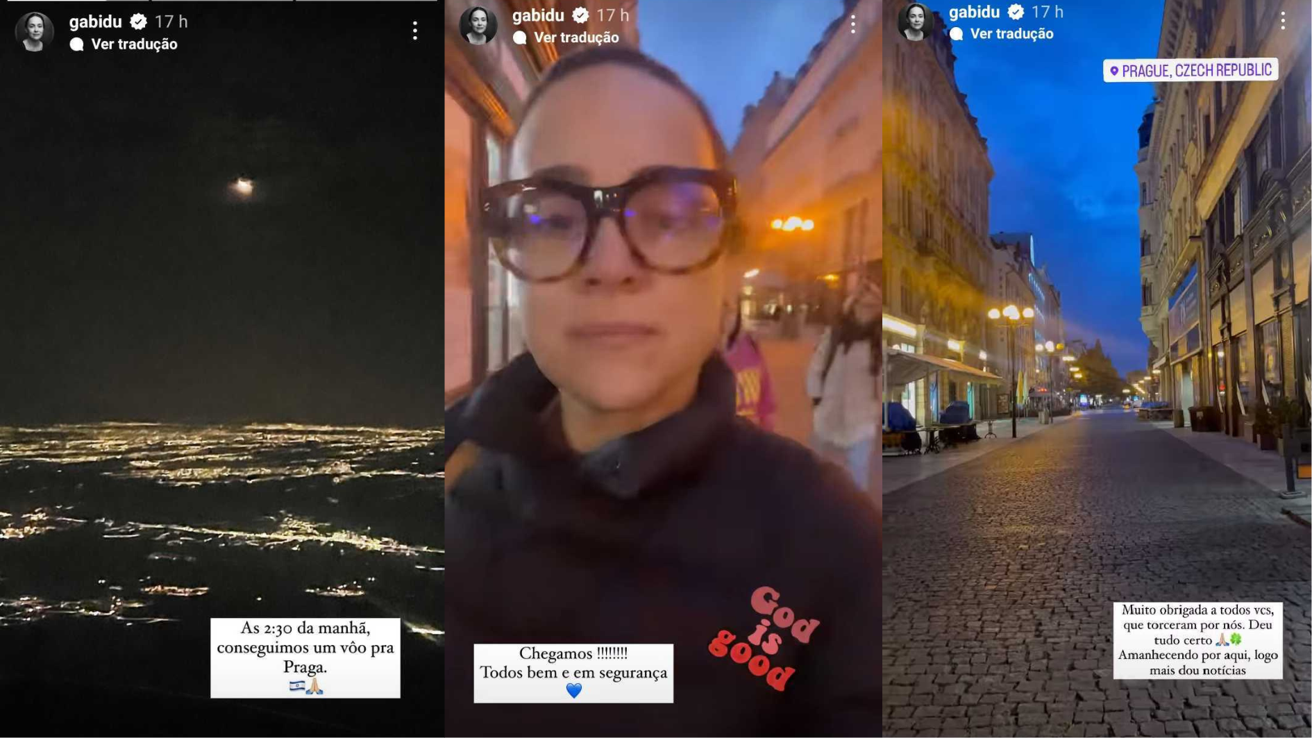 Gabriela Duarte publicou os três story acima para informar que conseguiu sair de Israel e que ela e a famílias estavam em segurança / @gabidu/Instagram/Reprodução