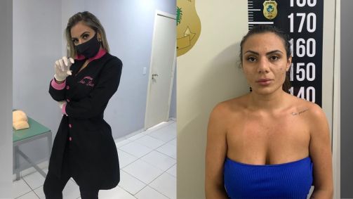 Renata Costa Ribeiro se apresentava como médica nas redes sociais; à dir., momento da apresentação dela na delegacia