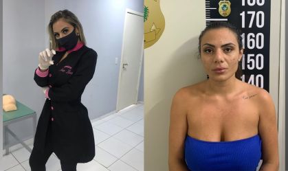 Renata Costa Ribeiro se apresentava como médica nas redes sociais; à dir., momento da apresentação dela na delegacia