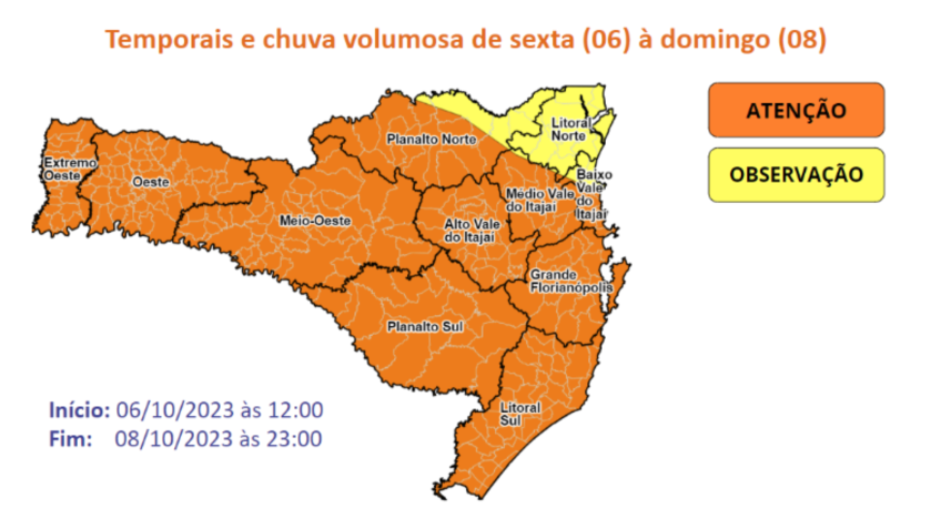 Mapa de SC, com regiões em atenção e observação de sexta (6) a domingo (8). Fonte: Governo de SC