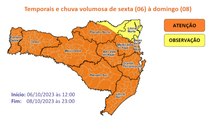 Mapa de SC, com regiões em atenção e observação de sexta (6) a domingo (8). Fonte: Governo de SC