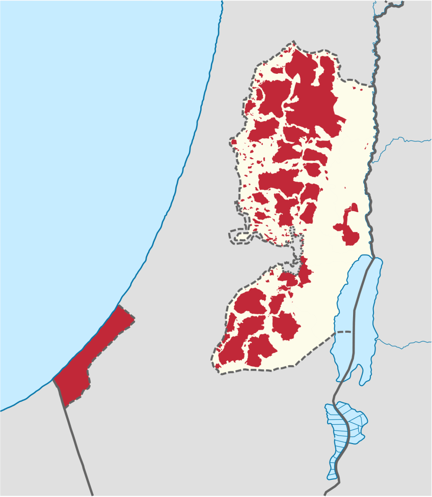 As chamadas Zonas A e B ocupadas por palestinos na Faixa de Gaza (esq.) e na Cisjordânia (dir.). / Reprodução