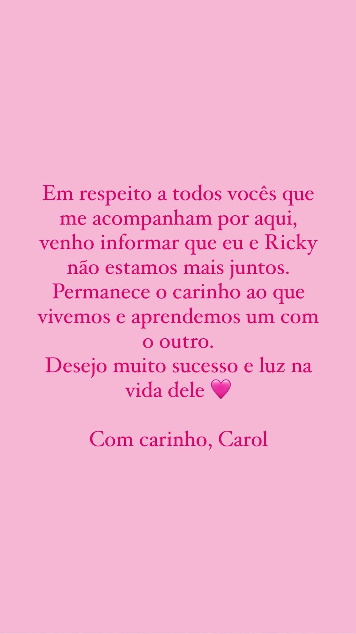 Nas redes sociais, Carol disse que o carinho entre o ex-casal permance / Reprodução/Carol Bresolin/Instagram