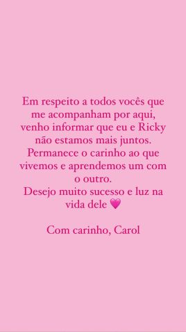 Nas redes sociais, Carol disse que o carinho entre o ex-casal permance / Reprodução/Carol Bresolin/Instagram