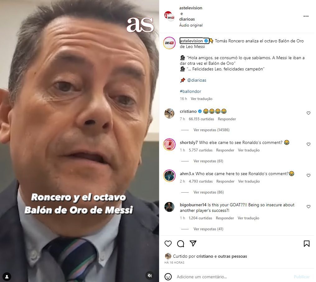 Cristiano Ronaldo deixou comentário irônico em post sobre conquista da oitava Bola de Ouro de Messi / Reprodução/Instagram