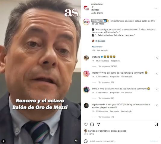 Cristiano Ronaldo deixou comentário irônico em post sobre conquista da oitava Bola de Ouro de Messi / Reprodução/Instagram