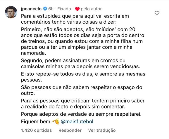 Joao Cancelo deixou um comentário em uma publicação nas redes sociais explicando a situação / Reprodução/Instagram