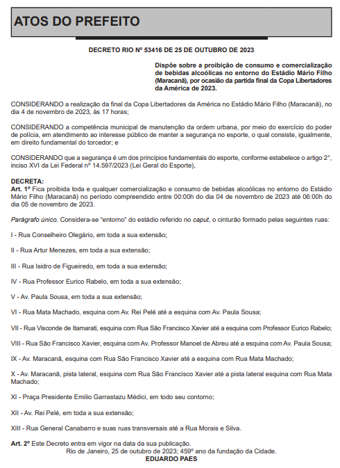 Decreto com a proibição da venda de bebidas alcoólicas no entorno do Maracanã, no Rio. / Reprodução / DO da Prefeitura do Rio de Janeiro
