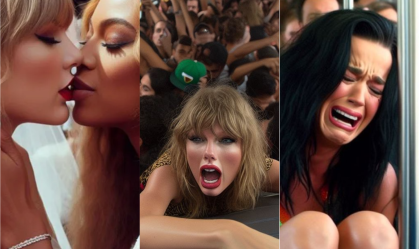 Imagem de destaque do post: Beyoncé e Taylor Swift se beijando, Katy Perry em ônibus lotado; artista cria cenas para divas pop com IA