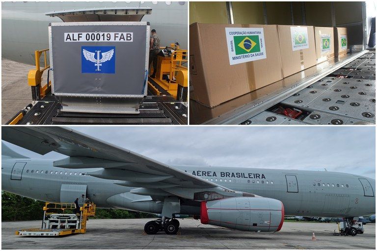 Purificadores de água e kits médicos foram embarcados no voo da Força Aérea Brasileira que decolou da Base Aérea do Rio de Janeiro. Voo tem a dupla missão de resgatar brasileiros em Israel e levar insumos humanitários para Gaza