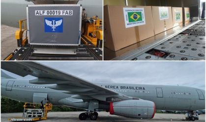Purificadores de água e kits médicos foram embarcados no voo da Força Aérea Brasileira que decolou da Base Aérea do Rio de Janeiro. Voo tem a dupla missão de resgatar brasileiros em Israel e levar insumos humanitários para Gaza
