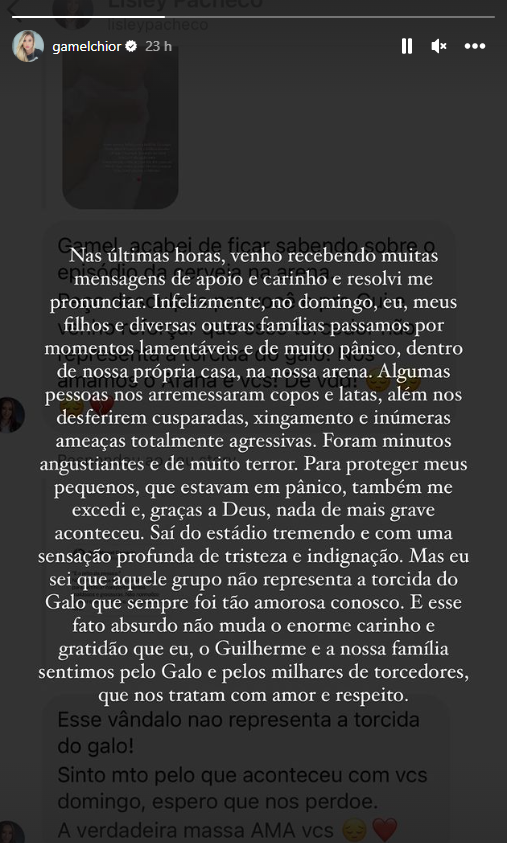 Mensagem de esposa de Guilherme Arana / Reprodução
