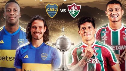 De um lado, Advincula e Cavani, do Boca Juniors; do outro, André e Cano, do Fluminense; entre eles, a taça da Libertadores