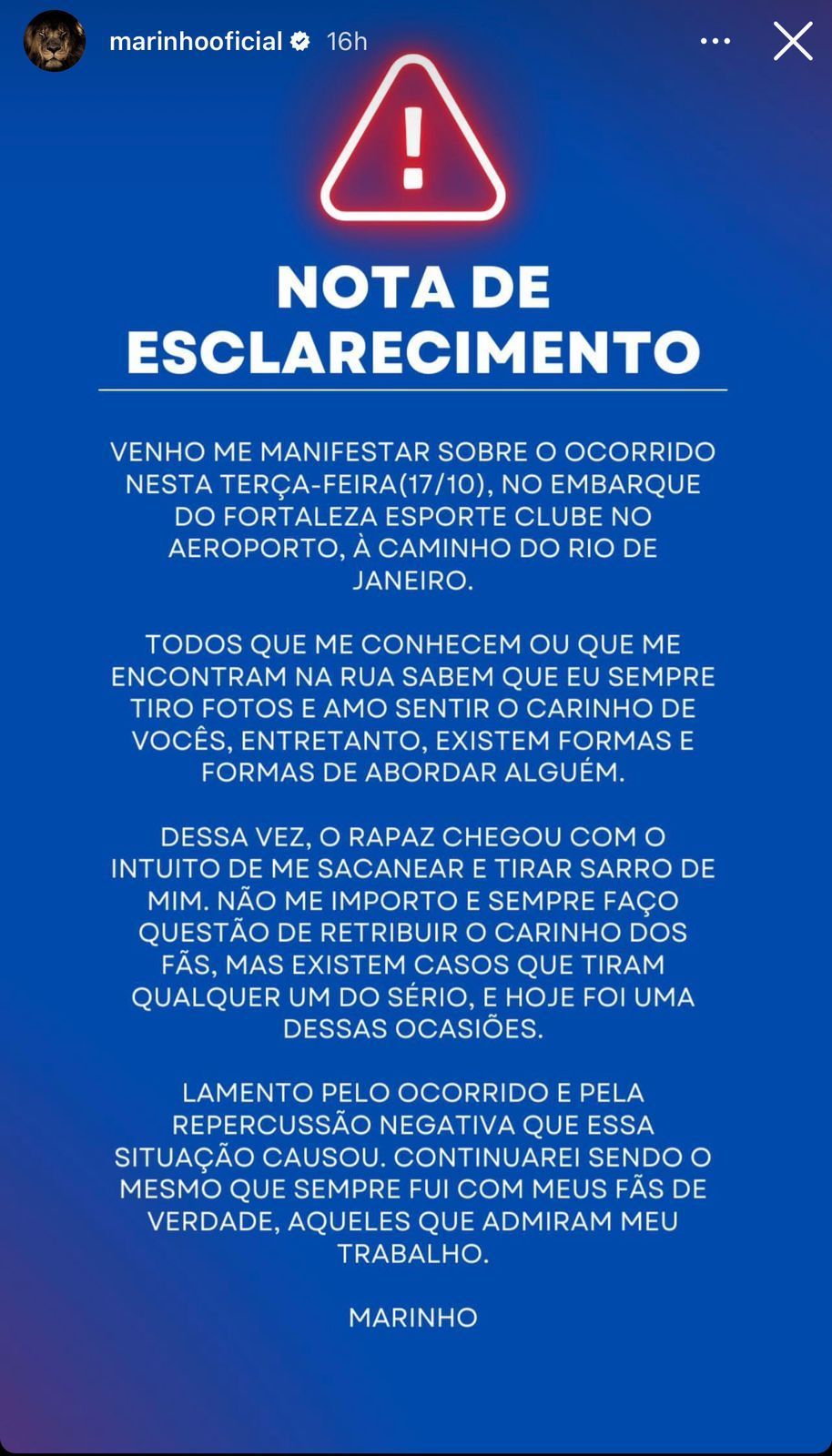 Marinho se pronunciou pelas redes sociais após repercussão do vídeo em que se recusa a tirar fotos com torcedores / Reprodução/Instagram