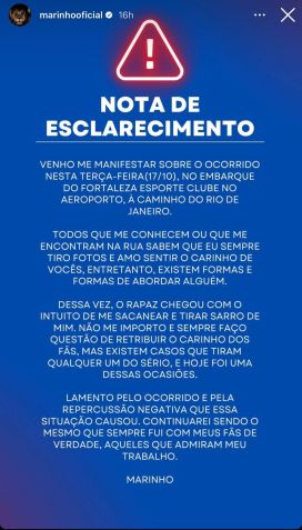 Marinho se pronunciou pelas redes sociais após repercussão do vídeo em que se recusa a tirar fotos com torcedores / Reprodução/Instagram