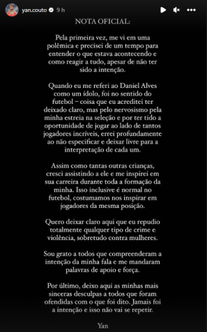 No Instagram, Yan Couto pede desculpas por elogiar Daniel Alves. / Reprodução / Redes Sociais