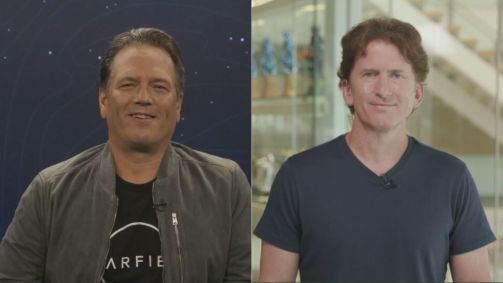 Phil Spencer e Todd Howard, executivos do Xbox/Microsoft e do estúdio Bethesda, respectivamente, em entrevista à CNN por vídeo