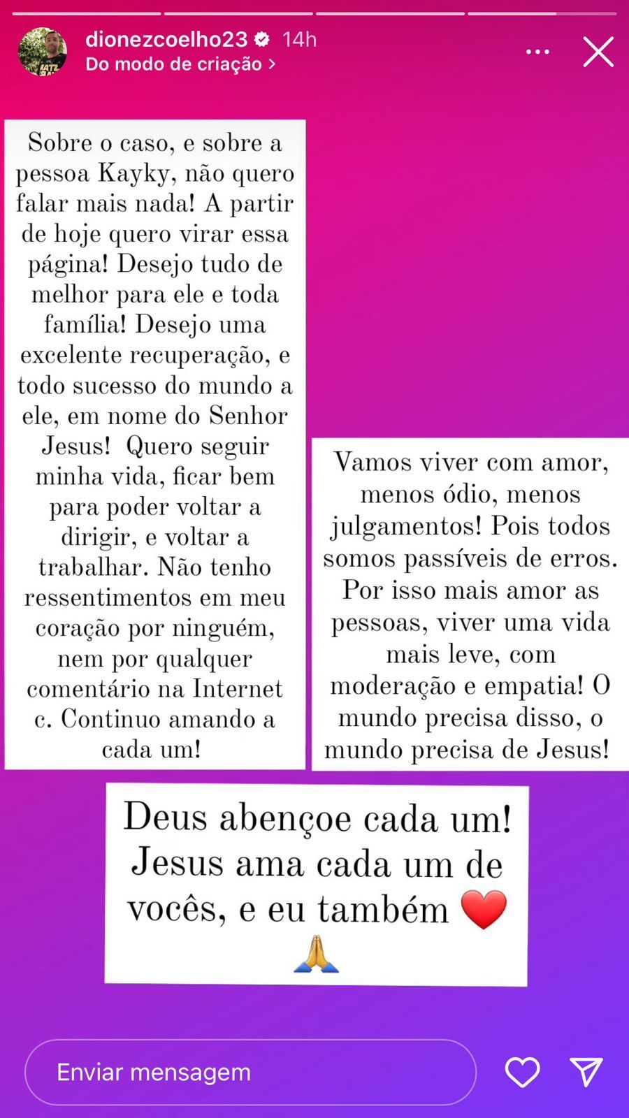 Diones da Silva afirmou que não irá mais se pronunciar sobre o acidente / Reprodução/Instagram