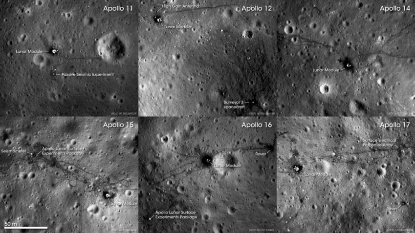 Os seis locais de pouso das missões Apollo conforme capturados pelas imagens do LROC. / Nasa