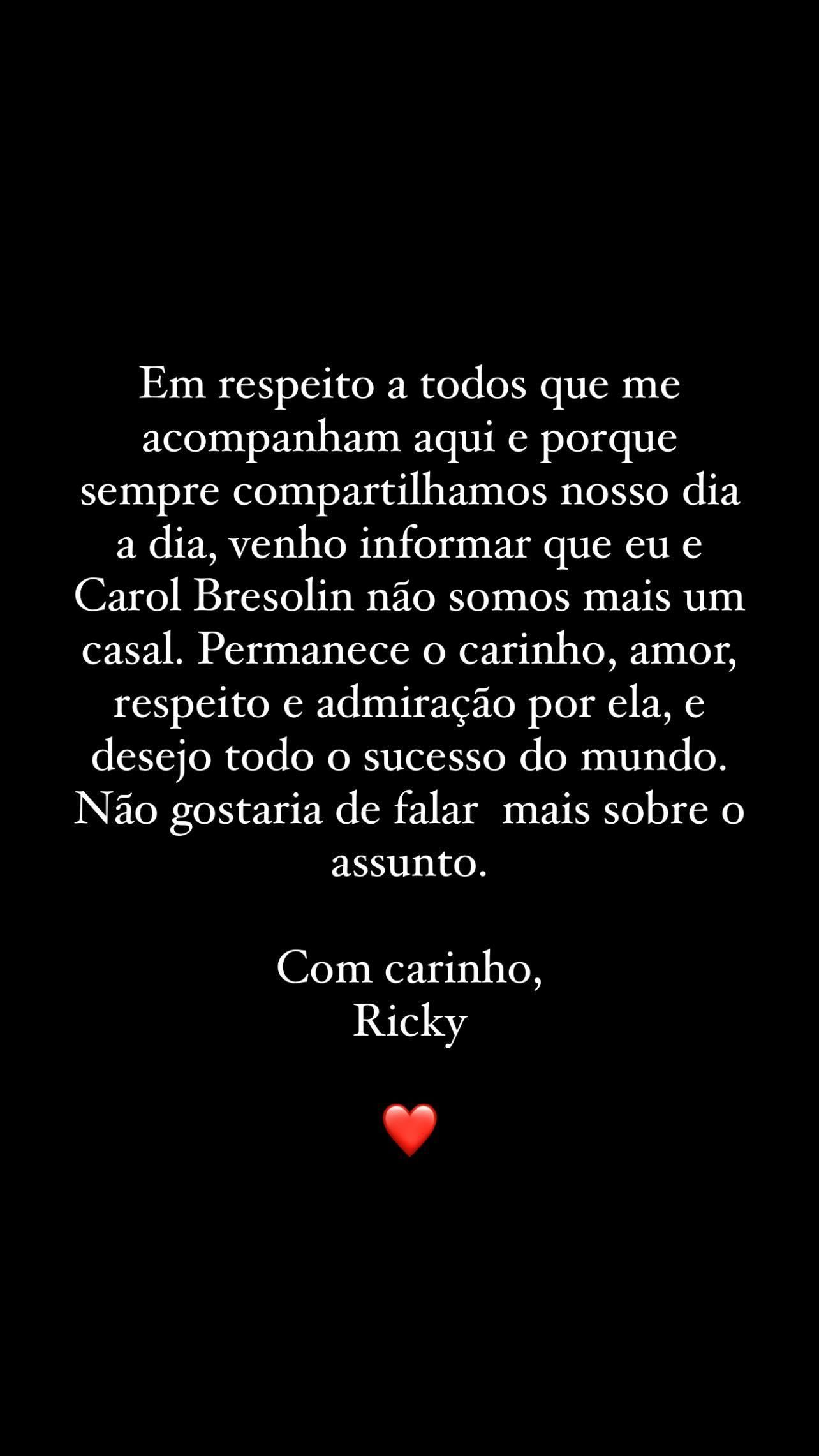 Ricky e Carol estavam juntos há cerca de um ano e meio / Reprodução/Ricky Tavares/Instagram