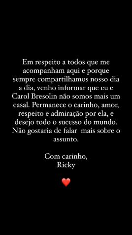 Ricky e Carol estavam juntos há cerca de um ano e meio / Reprodução/Ricky Tavares/Instagram