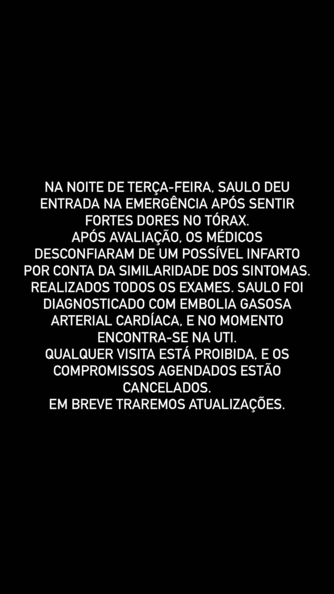 Saulo foi levado ao hospital com dores fortes no tórax / Reprodução/Saulo Poncio/Instagram