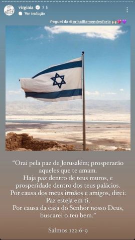 Virgínia Fonseca compartilha post e demonstra apoio ao povo de Israel / Reprodução/Virginia/Instagram