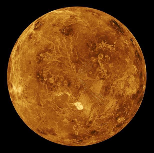 Visão simulada por computador do hemisfério norte de Vênus, feita a partir da vista da sonda Magalhães, da Nasa