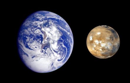 Comparação entre a Terra e Marte; o planeta vermelho é 53% menor que o nosso