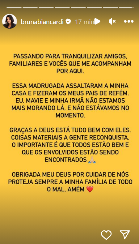 Publicação da influenciadora Bruna Biancardi sobre o assalto à casa dos pais dela / Reprodução/Instagram