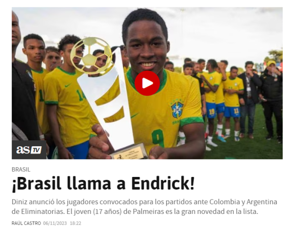 Convocação de Endrick ganhou destaque no diário As / Reprodução
